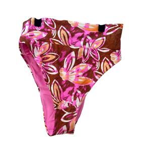 Aerie Floral Bikini Bottoms Pink Brown High Cut Cheeky Swimwear Size S Swimwear